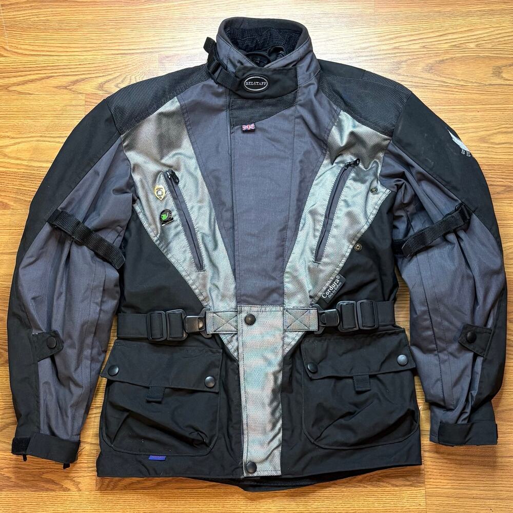 Vtg Belstaff Cordura Motorcycle Touring Jacket Mens L Black Gray Permatex Belted